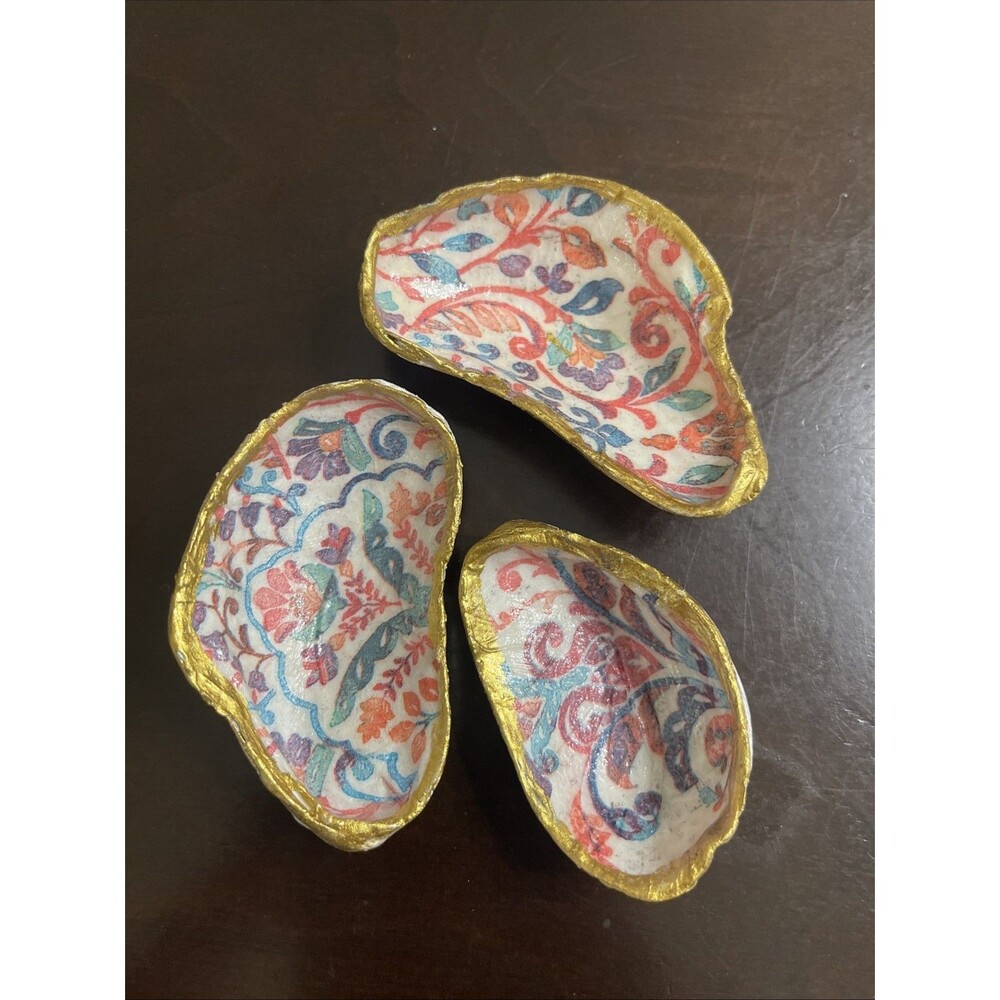 Decoupaged Oyster Seashell Floral Display or Trinket Holder Handmade Decor